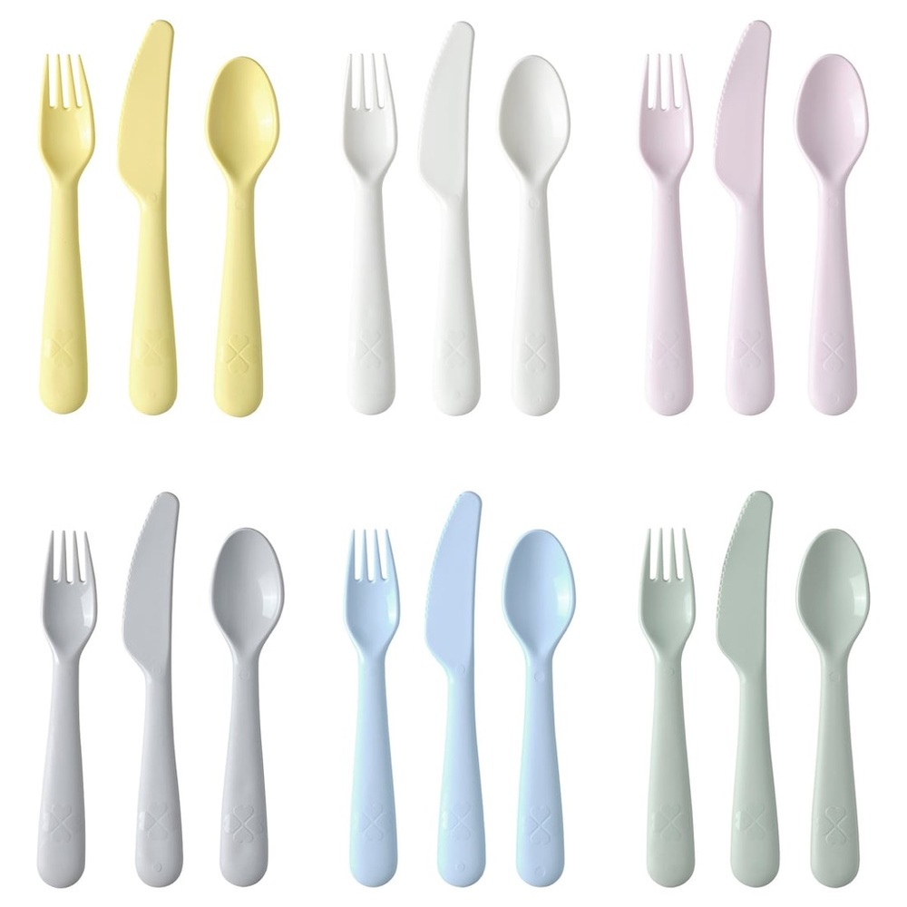 18-piece IKEA KALAS flatware set, mixed colors, plastic forks, knifes, spoons